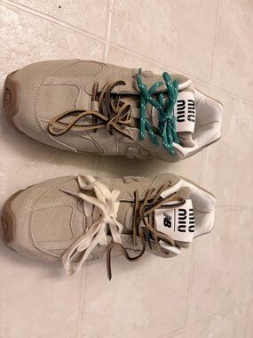 Miu Miu Beige Suede Athletic Sneakers with Multicolor Laces